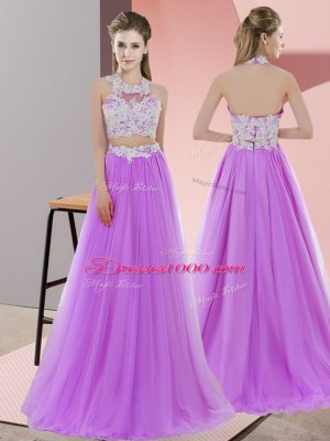 Affordable Lavender Zipper Halter Top Sleeveless Floor Length Dama Dress for Quinceanera Lace