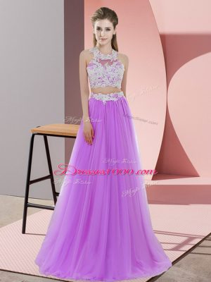 Affordable Lavender Zipper Halter Top Sleeveless Floor Length Dama Dress for Quinceanera Lace