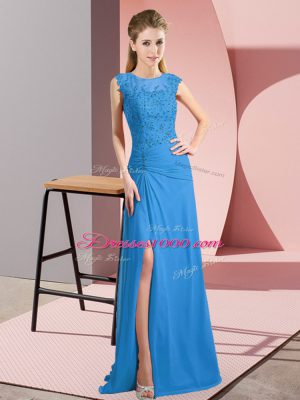 Suitable Scoop Sleeveless Dress for Prom Floor Length Lace and Appliques Blue Chiffon