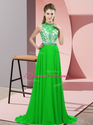 Glorious Green Pageant Dress Wholesale Prom and Party with Beading Halter Top Sleeveless Brush Train Backless
