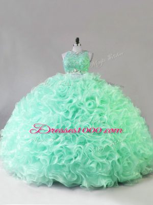 Suitable Beading and Ruffles Ball Gown Prom Dress Apple Green Zipper Sleeveless