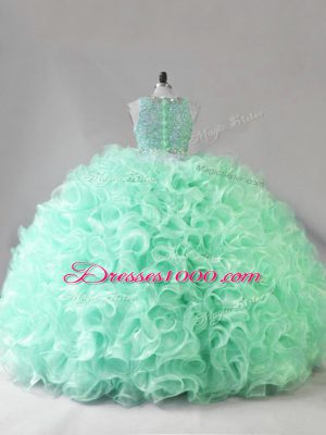 Suitable Beading and Ruffles Ball Gown Prom Dress Apple Green Zipper Sleeveless