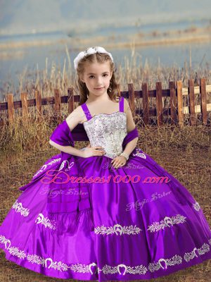 Hot Sale Sleeveless Floor Length Beading and Embroidery Lace Up Kids Formal Wear with Purple