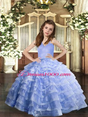 Straps Sleeveless Lace Up Little Girl Pageant Gowns Lavender Organza