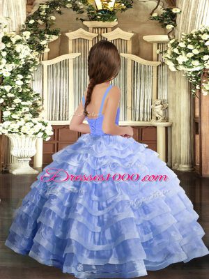 Straps Sleeveless Lace Up Little Girl Pageant Gowns Lavender Organza