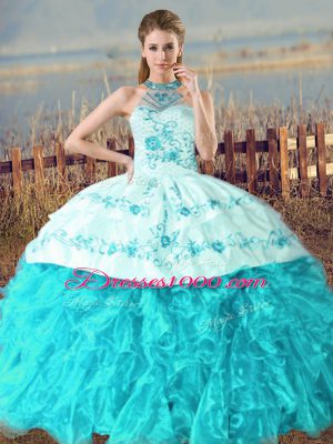 Superior Aqua Blue Halter Top Neckline Embroidery and Ruffles Quince Ball Gowns Sleeveless Lace Up