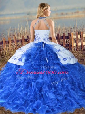 Superior Aqua Blue Halter Top Neckline Embroidery and Ruffles Quince Ball Gowns Sleeveless Lace Up