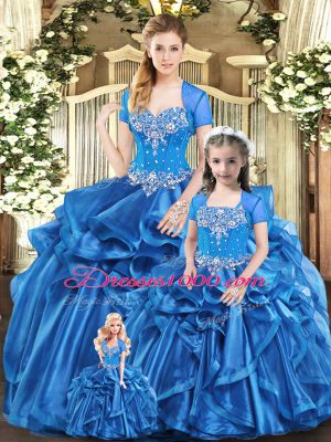 Floor Length Blue Quinceanera Dresses Organza Sleeveless Beading and Ruffles