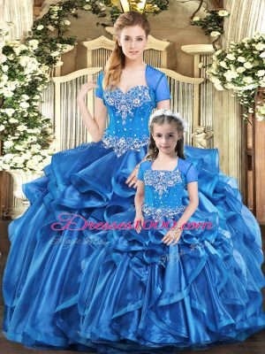 Floor Length Blue Quinceanera Dresses Organza Sleeveless Beading and Ruffles