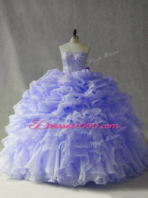 Sleeveless Beading and Ruffles and Pick Ups Lace Up Quinceanera Dresses with Lavender Brush Train