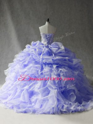 Sleeveless Beading and Ruffles and Pick Ups Lace Up Quinceanera Dresses with Lavender Brush Train