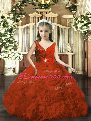 Custom Made Floor Length Rust Red Little Girl Pageant Dress Fabric With Rolling Flowers Sleeveless Beading and Ruching