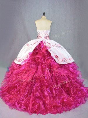 Sweetheart Sleeveless Vestidos de Quinceanera Brush Train Beading and Embroidery and Ruffles Hot Pink Organza