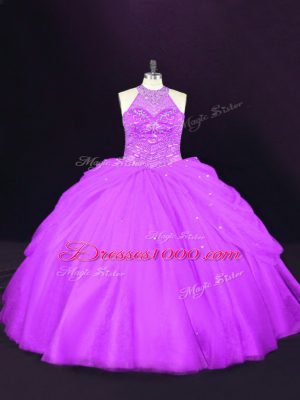 Spectacular Purple 15 Quinceanera Dress Sweet 16 and Quinceanera with Beading Halter Top Sleeveless Lace Up