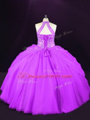 Spectacular Purple 15 Quinceanera Dress Sweet 16 and Quinceanera with Beading Halter Top Sleeveless Lace Up