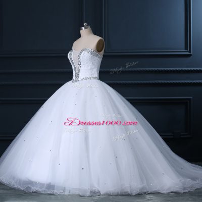 Custom Designed Sleeveless Tulle Brush Train Lace Up Wedding Dresses in White with Beading