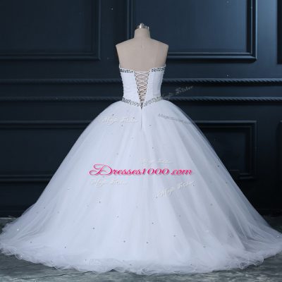 Custom Designed Sleeveless Tulle Brush Train Lace Up Wedding Dresses in White with Beading