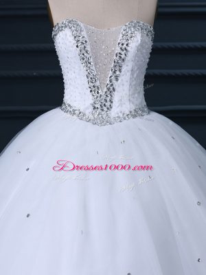 Custom Designed Sleeveless Tulle Brush Train Lace Up Wedding Dresses in White with Beading