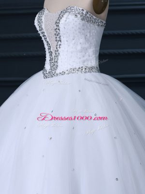 Custom Designed Sleeveless Tulle Brush Train Lace Up Wedding Dresses in White with Beading