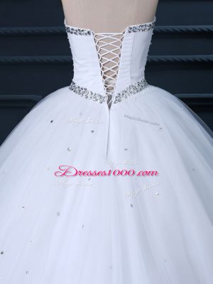 Custom Designed Sleeveless Tulle Brush Train Lace Up Wedding Dresses in White with Beading