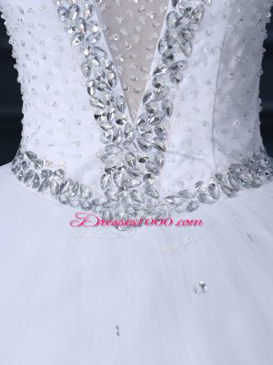 Custom Designed Sleeveless Tulle Brush Train Lace Up Wedding Dresses in White with Beading