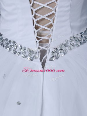 Custom Designed Sleeveless Tulle Brush Train Lace Up Wedding Dresses in White with Beading