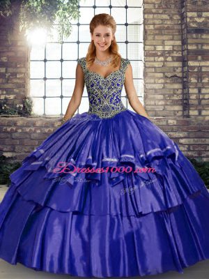 Shining Purple Sleeveless Floor Length Beading and Ruffled Layers Lace Up Quinceanera Gown