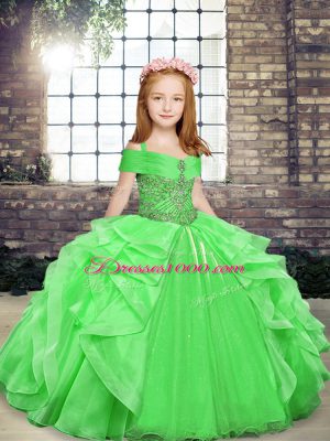 Organza Lace Up Straps Sleeveless Floor Length Little Girl Pageant Gowns Beading and Ruffles