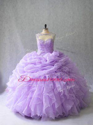 New Style Lavender Lace Up Scoop Beading and Ruffles Quinceanera Gowns Organza Sleeveless Brush Train