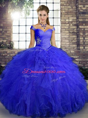 Off The Shoulder Sleeveless Lace Up Quinceanera Gowns Royal Blue Tulle