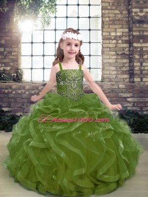 Customized Olive Green Ball Gowns Straps Sleeveless Organza Floor Length Lace Up Beading and Ruffles Custom Made