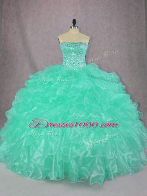 Fitting Organza Strapless Sleeveless Lace Up Beading and Ruffles Quinceanera Gown in Turquoise