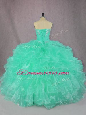 Fitting Organza Strapless Sleeveless Lace Up Beading and Ruffles Quinceanera Gown in Turquoise