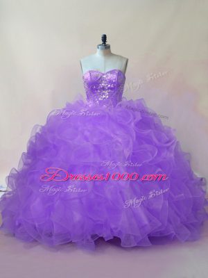 Superior Sleeveless Beading and Ruffles Lace Up 15 Quinceanera Dress with Lavender