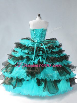 Sleeveless Floor Length Beading and Ruffled Layers Lace Up Vestidos de Quinceanera with Blue And Black