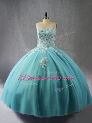 Appliques Quince Ball Gowns Blue Lace Up Sleeveless Floor Length