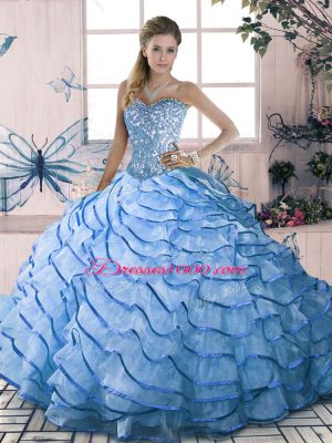 Fabulous Blue Sweetheart Neckline Beading and Ruffles Sweet 16 Dress Sleeveless Lace Up