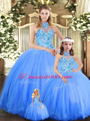 Modern Blue Lace Up Sweet 16 Quinceanera Dress Embroidery Sleeveless Floor Length