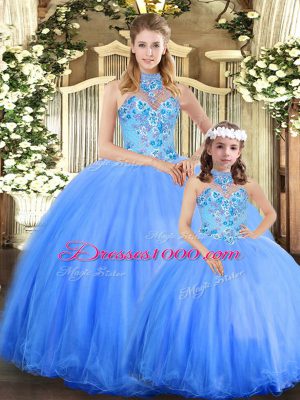 Modern Blue Lace Up Sweet 16 Quinceanera Dress Embroidery Sleeveless Floor Length