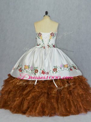 Perfect Brown Lace Up Sweetheart Embroidery and Ruffles Quinceanera Gowns Organza Sleeveless