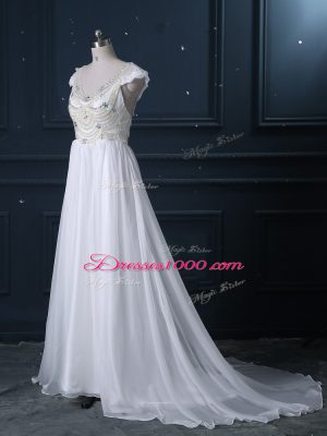 Excellent Brush Train Empire Wedding Gowns White V-neck Chiffon Cap Sleeves Zipper