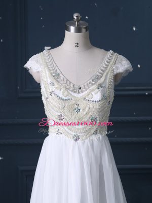 Excellent Brush Train Empire Wedding Gowns White V-neck Chiffon Cap Sleeves Zipper