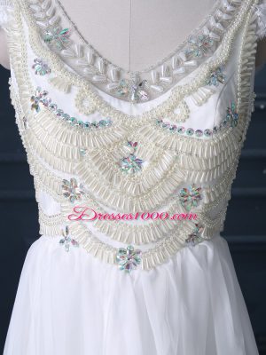 Excellent Brush Train Empire Wedding Gowns White V-neck Chiffon Cap Sleeves Zipper