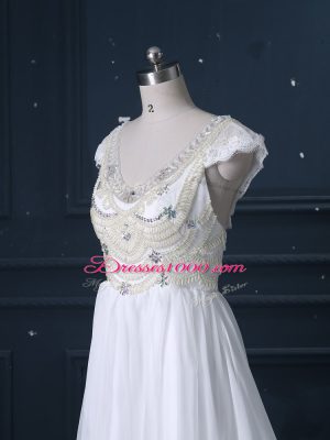 Excellent Brush Train Empire Wedding Gowns White V-neck Chiffon Cap Sleeves Zipper