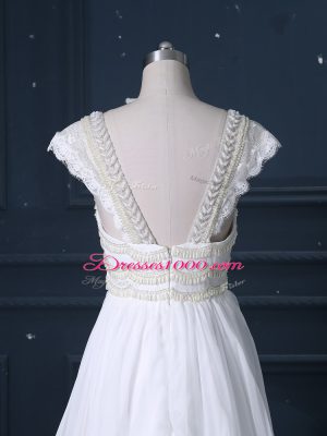 Excellent Brush Train Empire Wedding Gowns White V-neck Chiffon Cap Sleeves Zipper