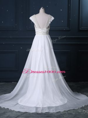 Excellent Brush Train Empire Wedding Gowns White V-neck Chiffon Cap Sleeves Zipper