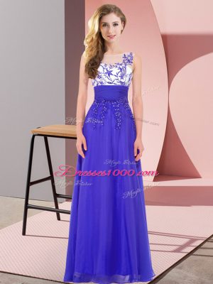 Inexpensive Blue Backless Bridesmaid Dress Appliques Sleeveless Floor Length
