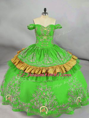 Fashionable Green Satin Lace Up Off The Shoulder Sleeveless Floor Length Quinceanera Dress Embroidery
