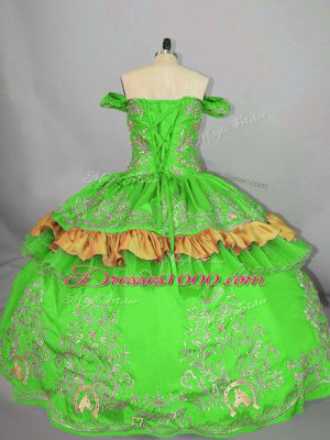 Fashionable Green Satin Lace Up Off The Shoulder Sleeveless Floor Length Quinceanera Dress Embroidery