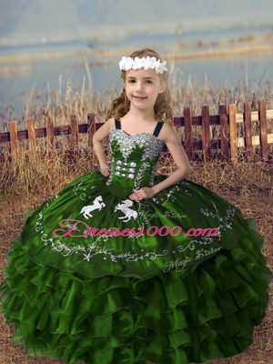 Adorable Olive Green Sleeveless Embroidery and Ruffled Layers Floor Length Little Girls Pageant Dress